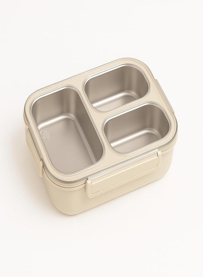 KitchEase Stainless Steel Lunch Box for Office, School & Travel | Leakproof, BPA-Free, Airtight Lid | Microwave Safe (Without Lid) & Dishwasher Safe (Beige, 3 Compartment) - Image 1